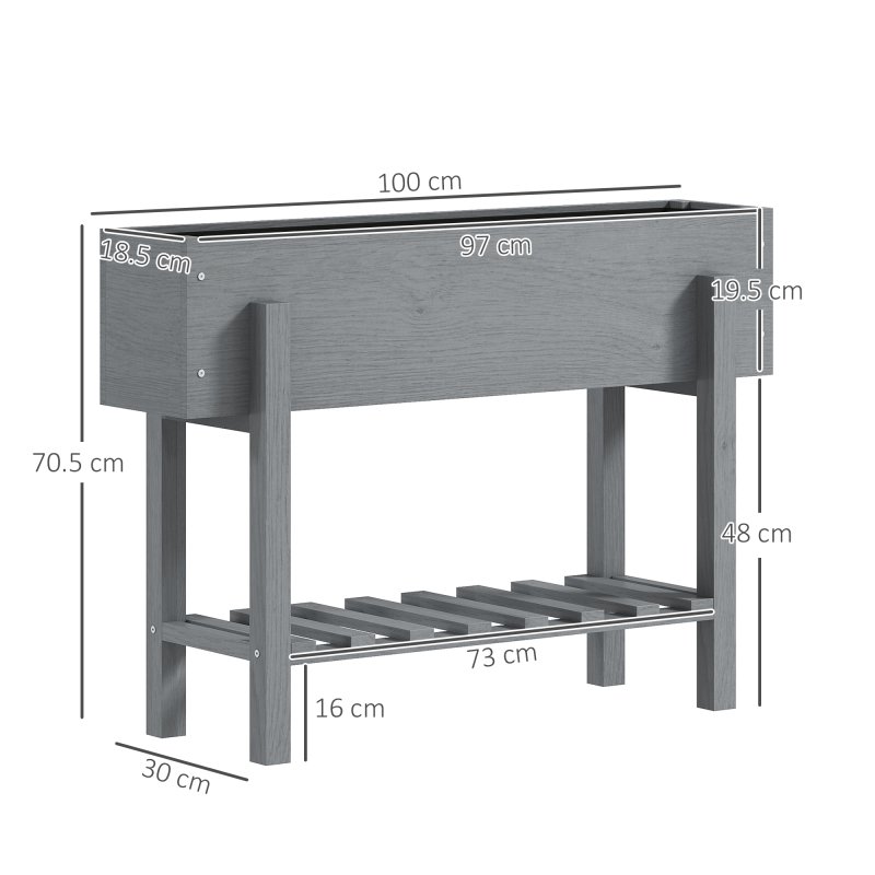 Outsunny Wooden Raised Garden Bed, Elevated Planter Box with Bed Liner, Drainage Holes and Storage Shelf, Raised Planter for Vegetables, Flowers, Herbs, 100 x 30 x 71 cm, Grey