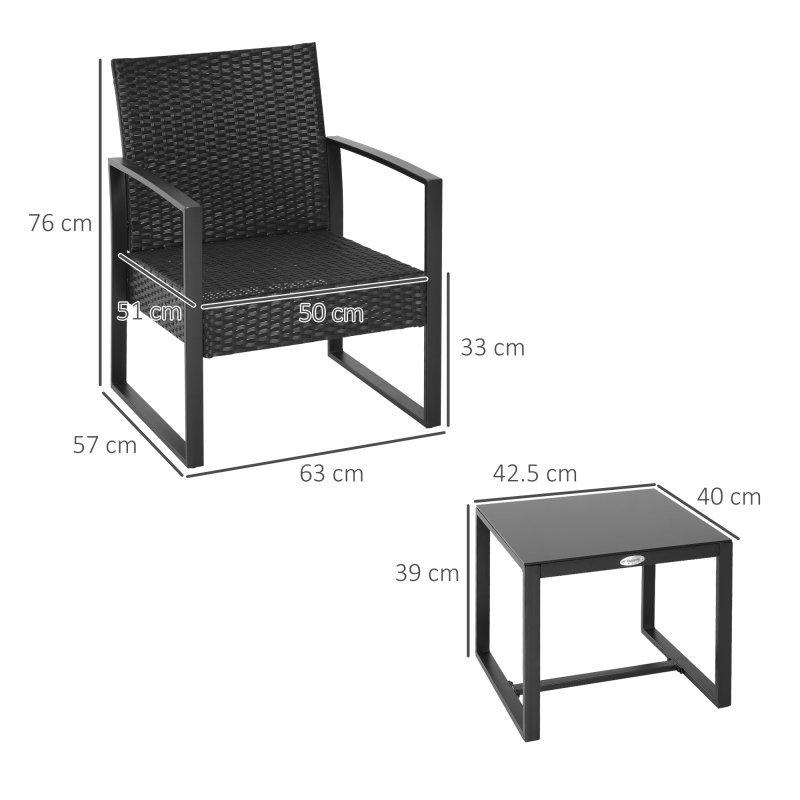 Outsunny 3 Pieces Rattan Bistro Set, Wicker Garden Furniture Set with Glass Top Coffee Table and Chairs, Washable Cushions, for Outdoor, Patio, Balcony, Black