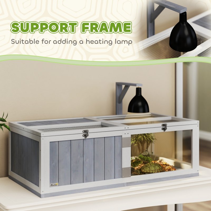 PawHut Tortoise House with Lamp Holder, Wooden Tortoise Enclosure with Clear Observation Windows, Openable Tops, Built-in Tray, Two-Room Turtle Table for Indoor Use, Light Grey