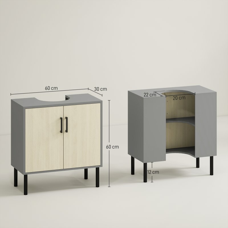 kleankin Under Sink Cabinet, Bathroom Sink Cabinet, Floor Basin Storage Cupboard with Double Doors and Shelf, 60 x 30 x 60 cm, Natural Tone