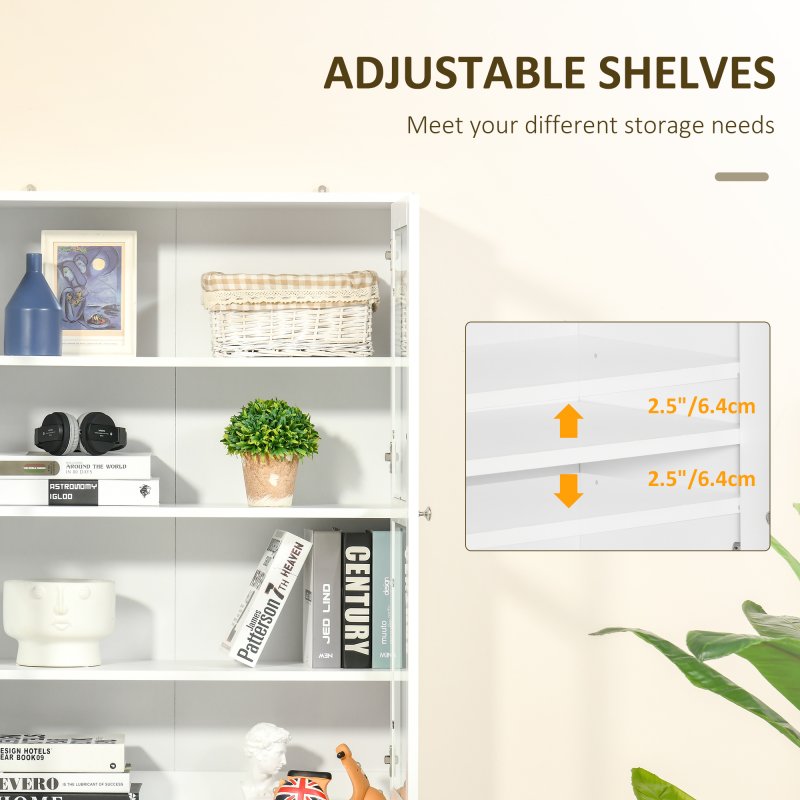 HOMCOM Modern Bookcase with Glass Doors, Display Storage Cabinet with Adjustable Shelves for Living Room, Study, Office