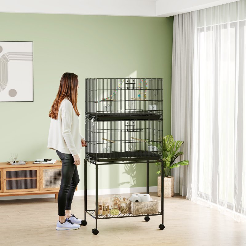 PawHut 2 Tier Bird Cage, Budgie Cage with Stand, Swing, Rope, Ladder, Wheels, Shelf, Tray, Perches, Food Containers, for Canaries, Lovebirds, Finches