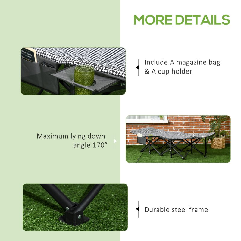 Outsunny Camping Bed for Adults, Single Folding Camp Bed, Padded Portable Camping Cot for Sleeping, with Carry Bag, Side Pocket and Cup Holder for Outdoor, Travel, Fishing, Black