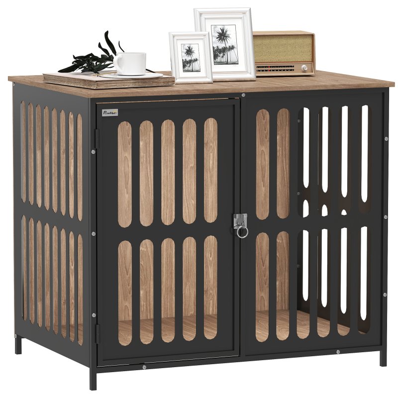 PawHut Dog Crate Furniture, Dog Cage Side End Table Indoor with Anti-Chew Resistant Mesh, Anti-Escape Door, for Medium Dogs, 80 x 55 x 72 cm, Walnut Brown