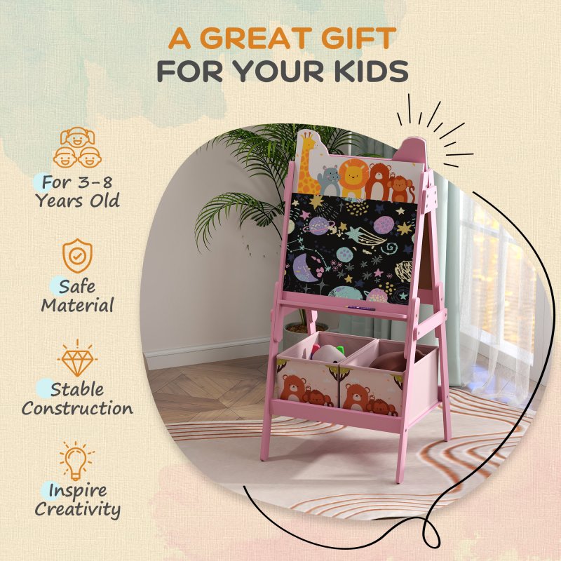 AIYAPLAY Kids Easel, 2 in1 Easel for Toddlers with Whiteboard, Chalkboard, Storage Boxes, Double Sided Easel, for Ages 3-8 Years, Pink