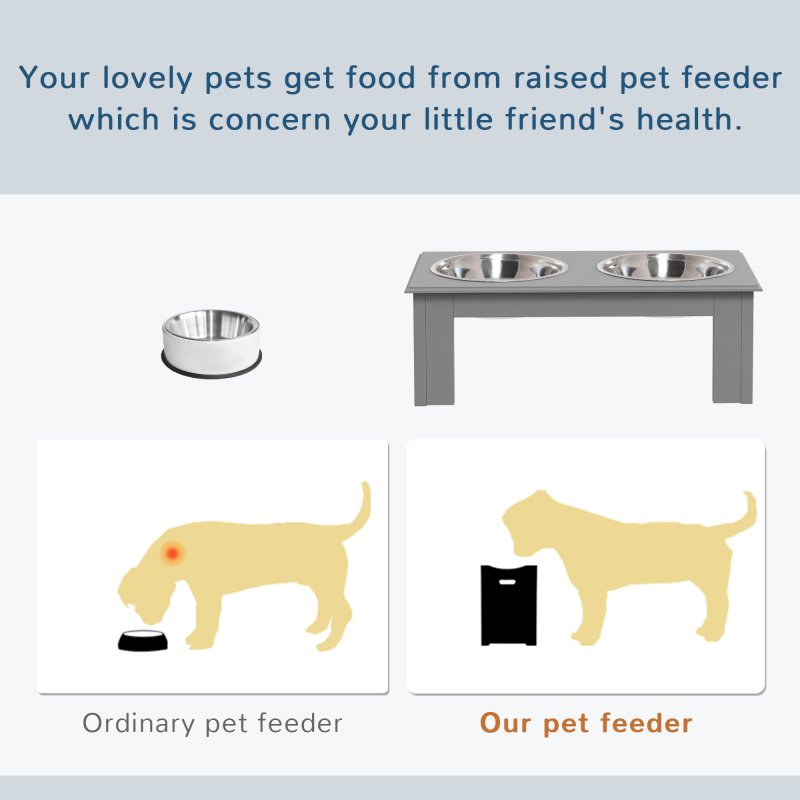 PawHut Raised Dog Bowl Feeding Bowls with Stand for Extra Small and Small Dogs Elevated Pet Bowls Water Food Feeder 44L x 24W x 15H cm - Grey