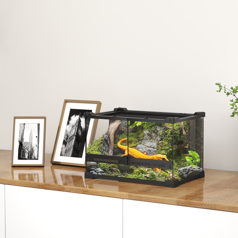 PawHut Reptile Glass Terrarium, Reptile Vivarium with Stone Background, Front Ventilation, Escape-Proof Knob Lock, Glass Enclosure for Lizards, Horned Frogs, Snakes, 30 x 20 x 20 cm, Black