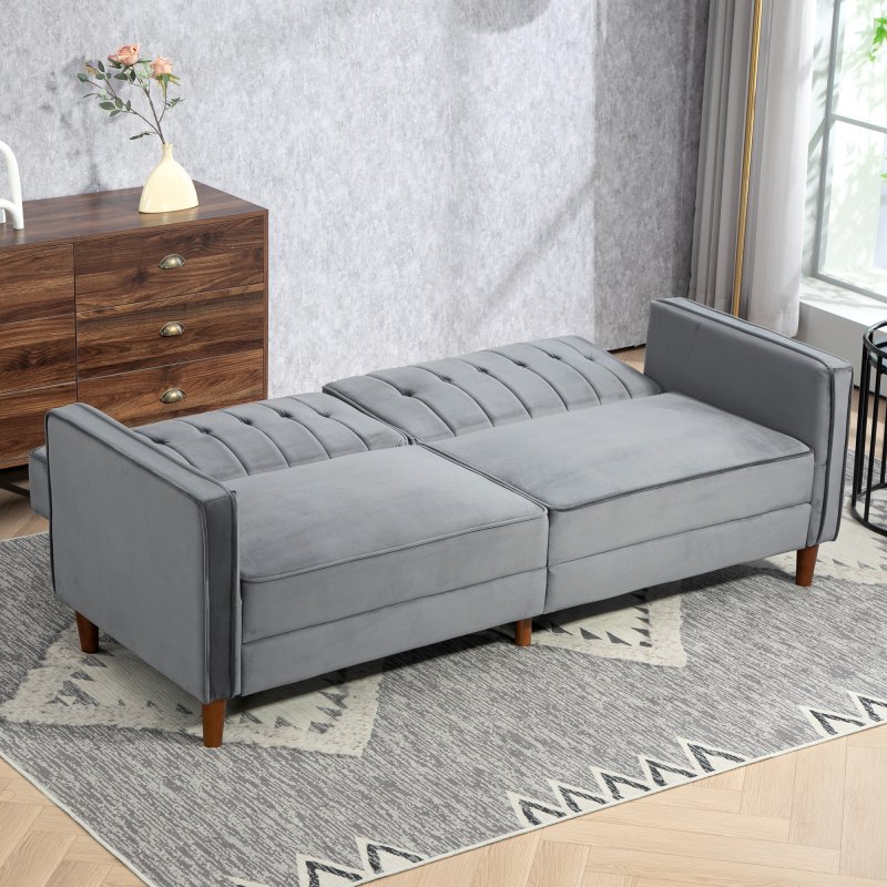HOMCOM 3 Seater Velvet Sofa Bed, 189cm Click Clack Sofa Bed, Button Tufted Sleeper Couch with Split Reclining Backrest and Rubber Wood Legs