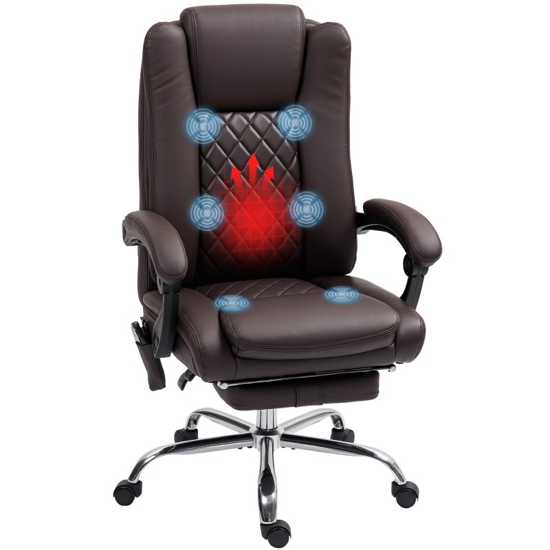 HOMCOM Executive Office Chair with 6-point Massage and Heat, PU Leather Reclining Desk Chair with Tufted High Back, Height Adjustable, Swivel Wheels, Footrest, for Home, Dark Brown