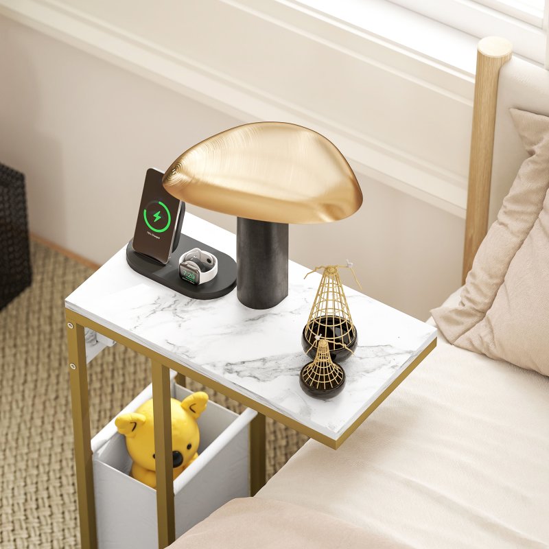 HOMCOM C Shaped Side Table with Storage and Charging Station, Faux Marble Narrow Bedside Table with Fabric Storage Bag and Steel Frame for Living Room, Bedroom, White