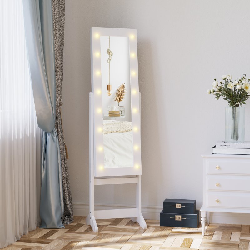 HOMCOM Free Standing LED Mirrored Jewelry Cabinet Armoire Floor Organiser W/ 3 Angle Adjustable For Rings Earrings Bracelets Cosmetics Warm White