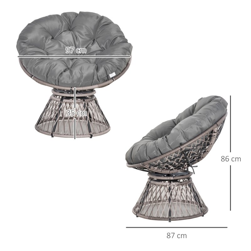 Outsunny 360 Swivel Rattan Papasan Moon Bowl Chair Round Lounge Garden Wicker Basket Seat with Padded Cushion Oversized for Outdoor Indoor, Grey