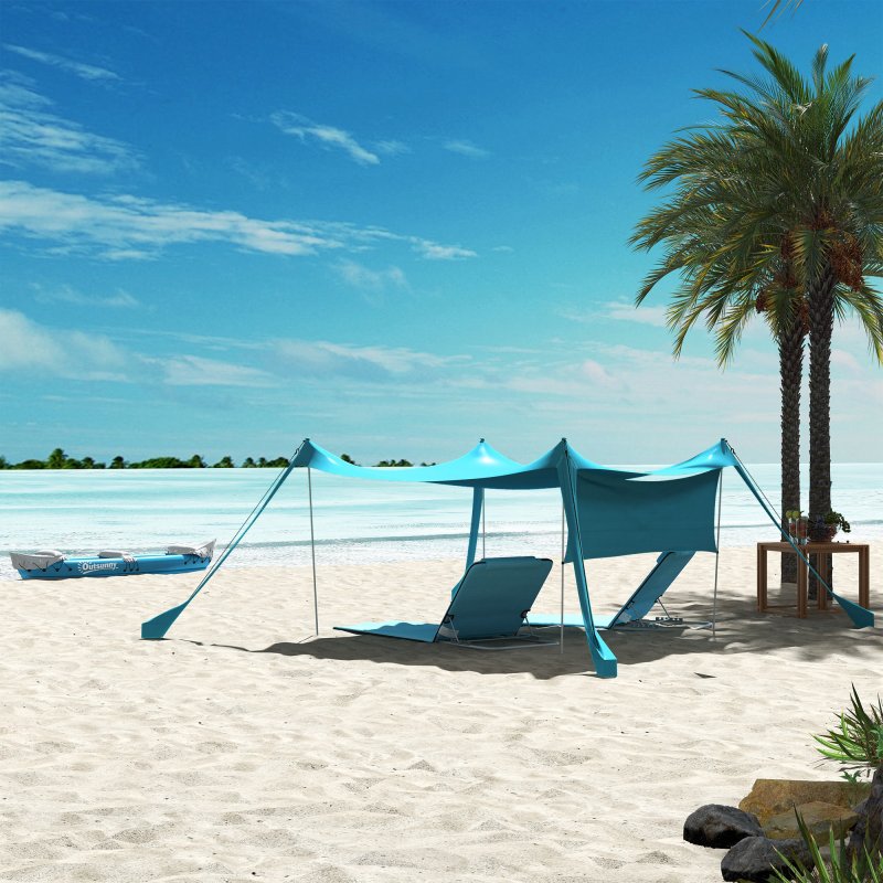Outsunny Set of 2 Foldable Garden Beach Chair Mat Lightweight Outdoor Sun Lounger Seats Adjustable Back Metal Frame PE Fabric Head Pillow w/ Carry Bag, Light Blue