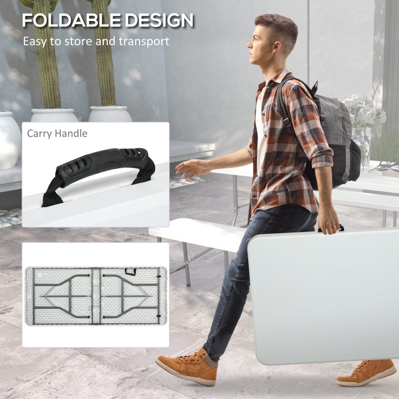 Outsunny Folding Garden Table, 180 x 75cm Rectangular HDPE Outdoor Picnic Table for 6, Metal Frame for Patio, Park, White