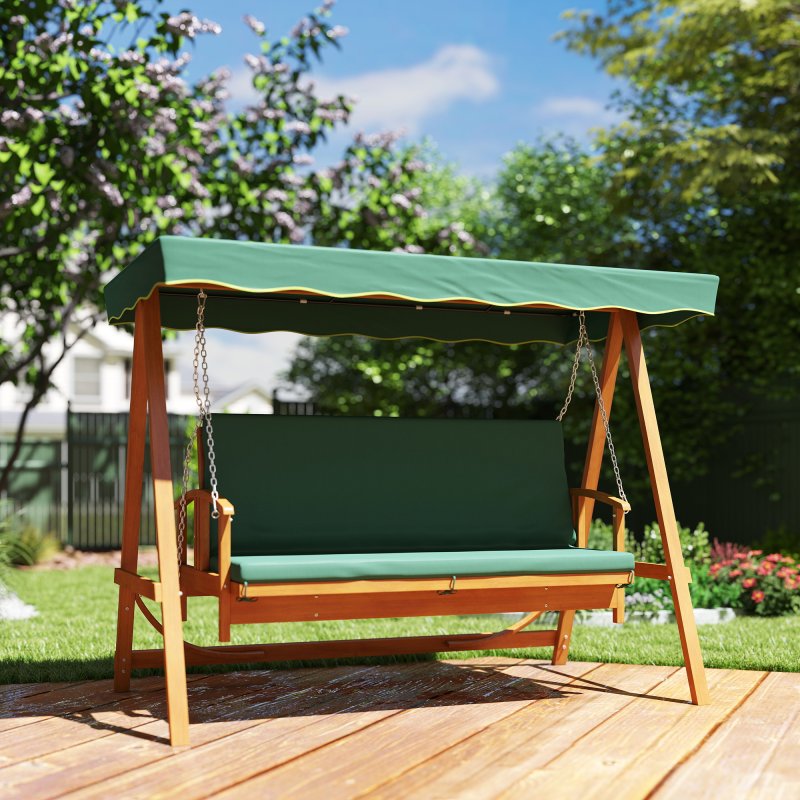 Outsunny 3 Seater 2-in-1 Wooden Garden Swing Seat Swing Chair Outdoor Convertible Hammock Bench Furniture Lounger Bed Wood, Dark Green
