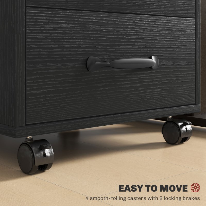 HOMCOM 3-Drawer Filing Cabinet, Mobile File Cabinet for Home Office, Small Rolling Filing Cabinet, Printer Stand, Under Desk File Cabinet for A4, Letter-Size Files, Black Wood Grain