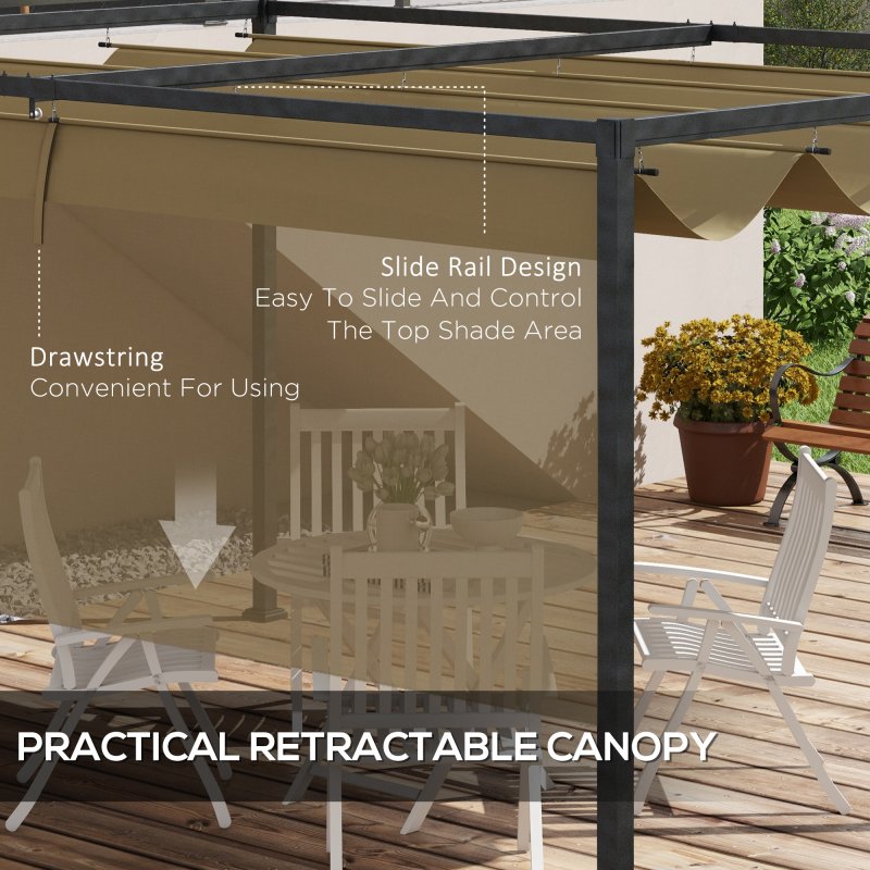Outsunny 3 x 2m Metal Outdoor Pergola with Retractable Roof, Outdoor Gazebo Canopy Shelter with Drainage Holes for Garden, Patio, Lawn, Khaki