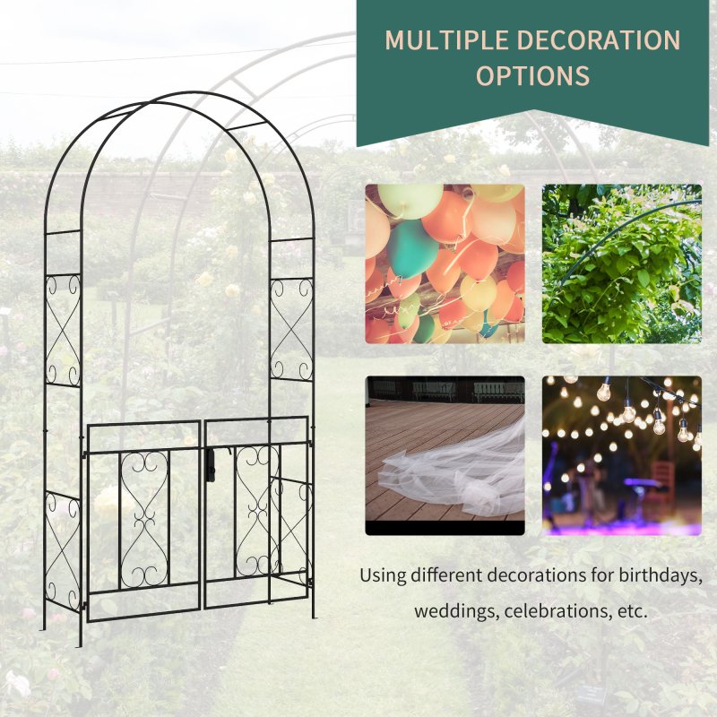 Outsunny Outdoor Garden Arch with Double Gates, Metal Garden Arbor for Climbing Plants, Roses, Vines, Wedding Arch for Outdoor, 114L x 36W x 232H cm, Black