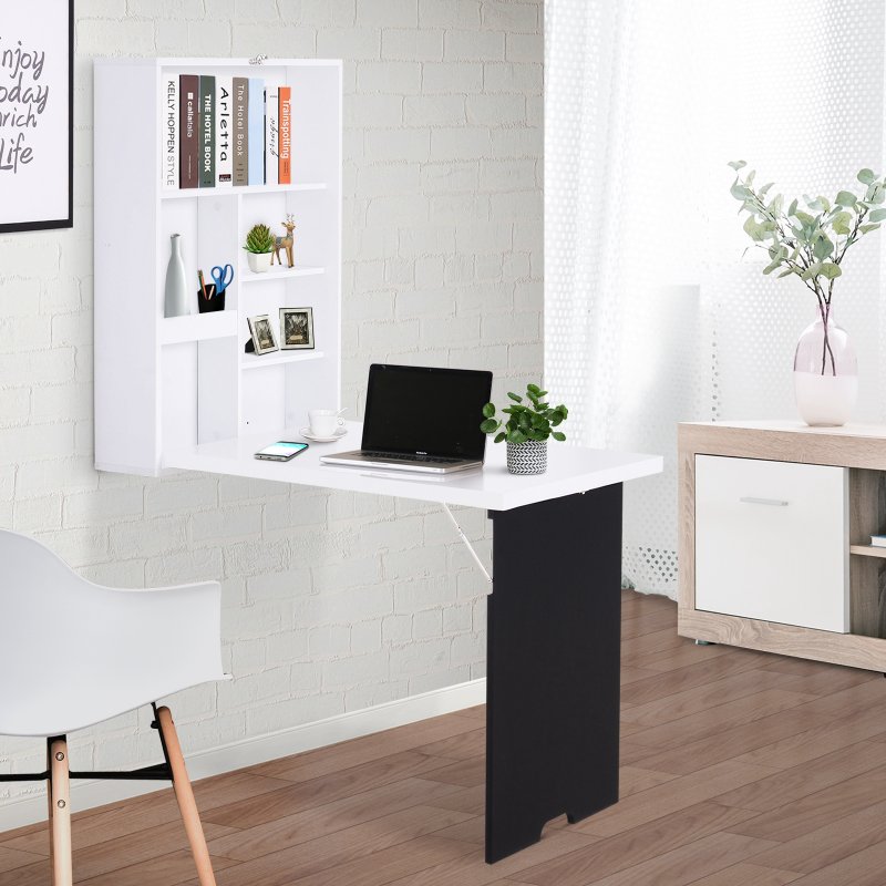 HOMCOM Folding Wall-Mounted Drop-Leaf Table, Convertible Wall Table With Chalkboard and Storage Shelf, Multifunctional Floating Desk for Home Office