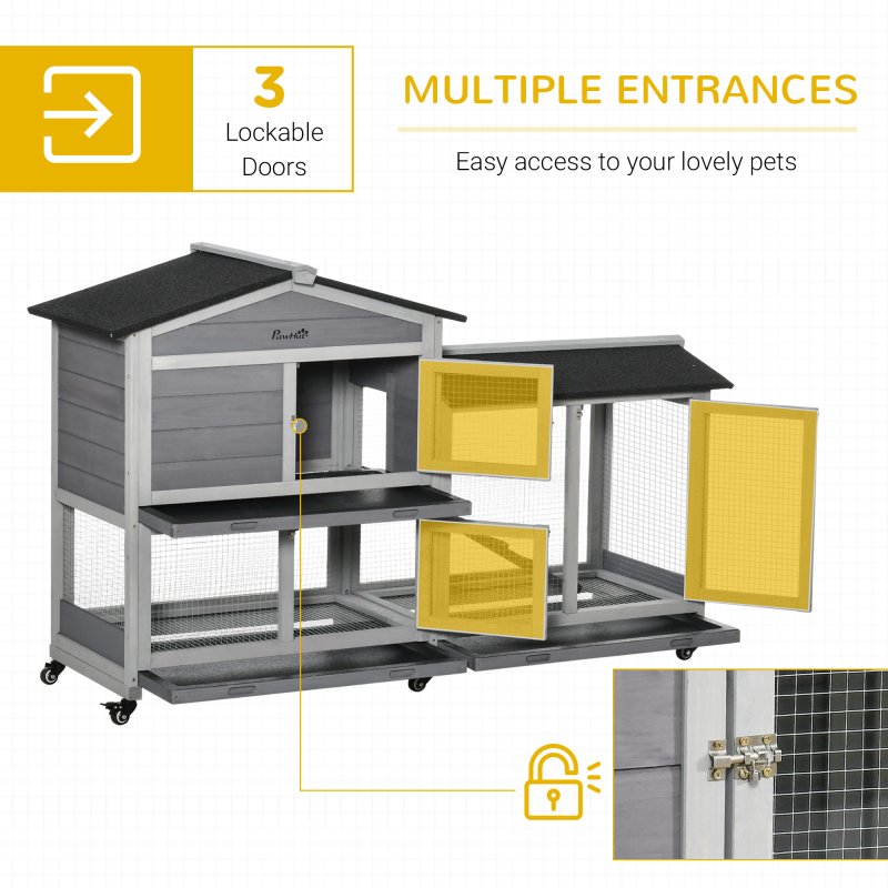 PawHut Rabbit Hutch Outdoor with Run Guinea Pig Hutch 2-Tier Bunny Cage w/ Wheels No-Leak Plastic Tray 157.4 x 53 x 99.5 cm - Grey