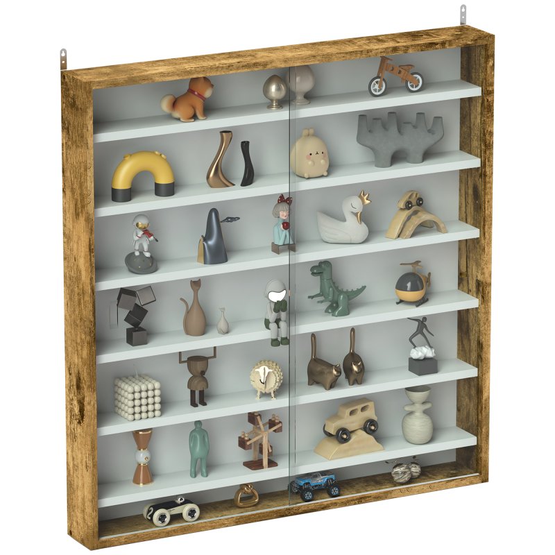 HOMCOM 7-Tier Wall Mounted Display Cabinet, Display Case with 6 Adjustable Shelves, Glass Doors for Home Office Ornaments 83x80cm, Rustic Brown