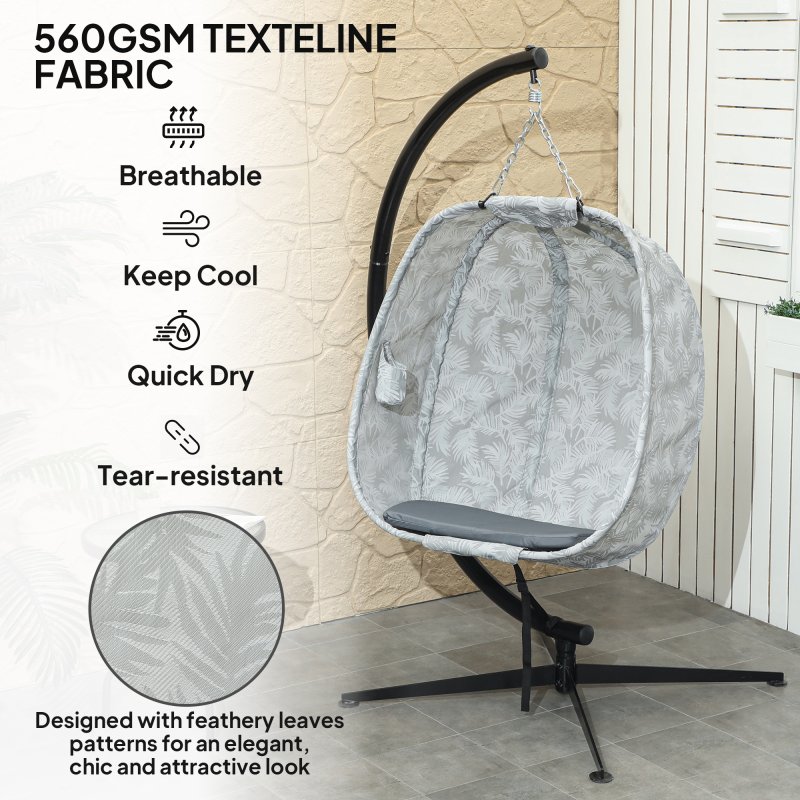 Outsunny Hanging Egg Chair Outdoor Indoor Garden Swing Chair with Folding Basket, Garden Hanging Chair with Stand, Thickened Cushion, Cup Holder for Patio, Balcony, Grey