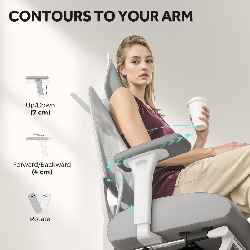 HOMCOM Ergonomic Office Chair, Mesh Desk Chair with 3D Armrests, Rotatable Headrest, Adjustable Lumbar Support, Coat Hanger, Footrest for Home Office, Grey