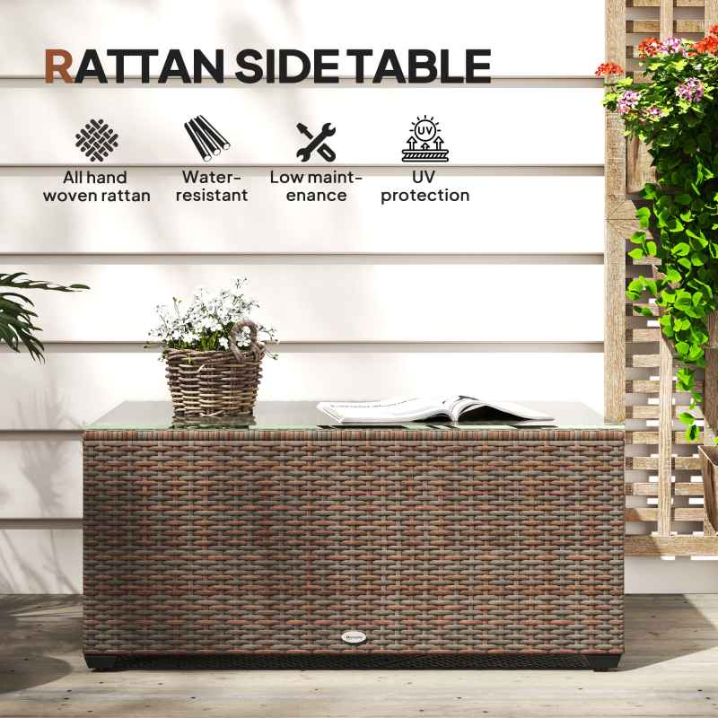 Outsunny Outdoor Coffee Table, PE Rattan Side Table with Tempered Glass Top, Wicker Rectangular Garden Coffee Table End Table with Steel Frame for Patio, Balcony, 90 x 50 x 38cm, Brown