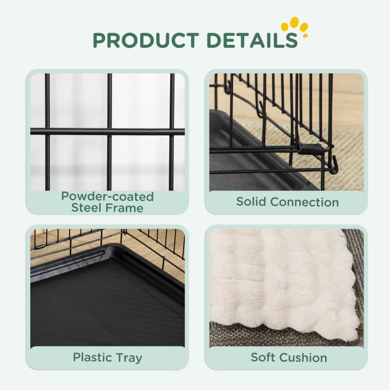 PawHut Dog Crate, Folding Metal Dog Cage with Two Doors, Tray, Soft Cushion, for Extra Large Dogs, 105 x 70 x 75 cm, Black