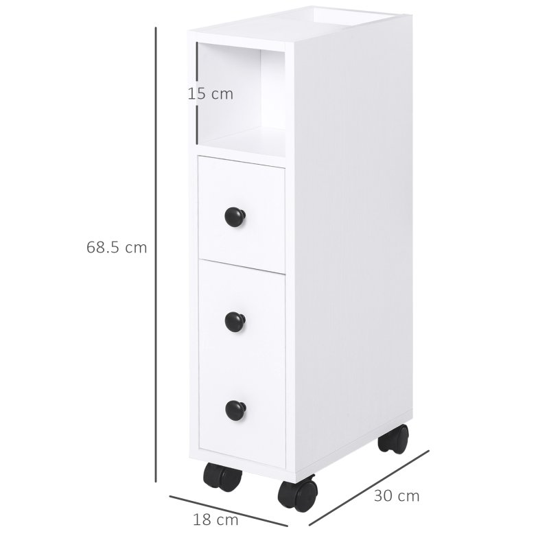 kleankin Slimline Bathroom Storage Unit w/ 2 Drawers 2 Open Compartments Wheels Handles Freestanding Compact Home Office Furniture 