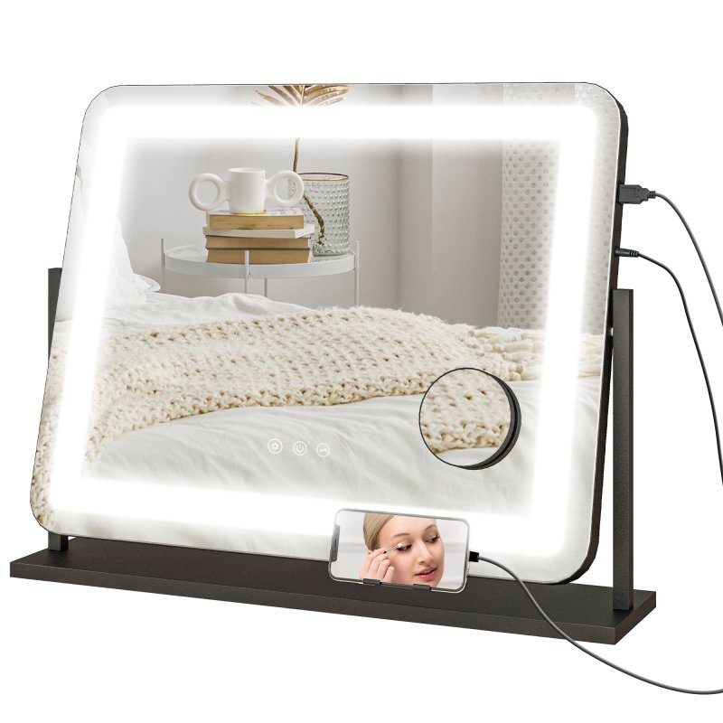 HOMCOM Vanity Mirror with Lights, 63x50 cm Lighted Makeup Mirror with 3 Colour Lighting Modes, 10X Magnifying, USB Charging Port, Phone Holder, 360 Degree Rotation, Touch Screen, for Dressing Table