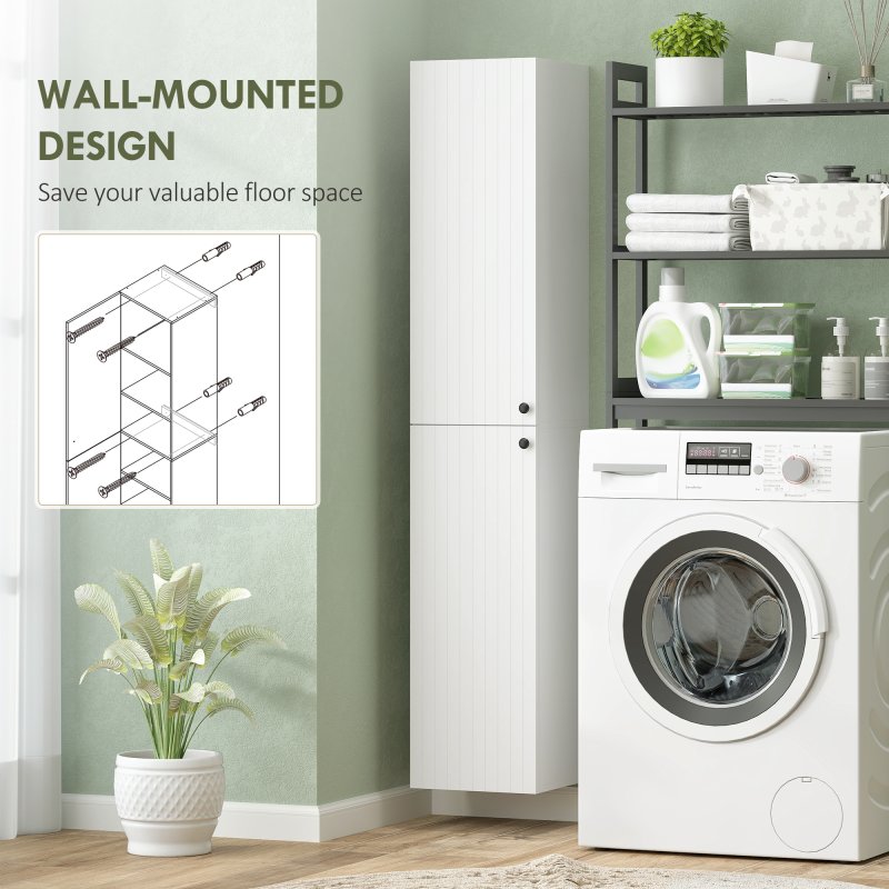 HOMCOM 300 x 1610 mm Wall Mounted Tall Bathroom Cabinet with Soft-Close Hinges, Slim Bathroom Storage Cabinet with 2 Doors, Modern Narrow Storage Cupboard, White