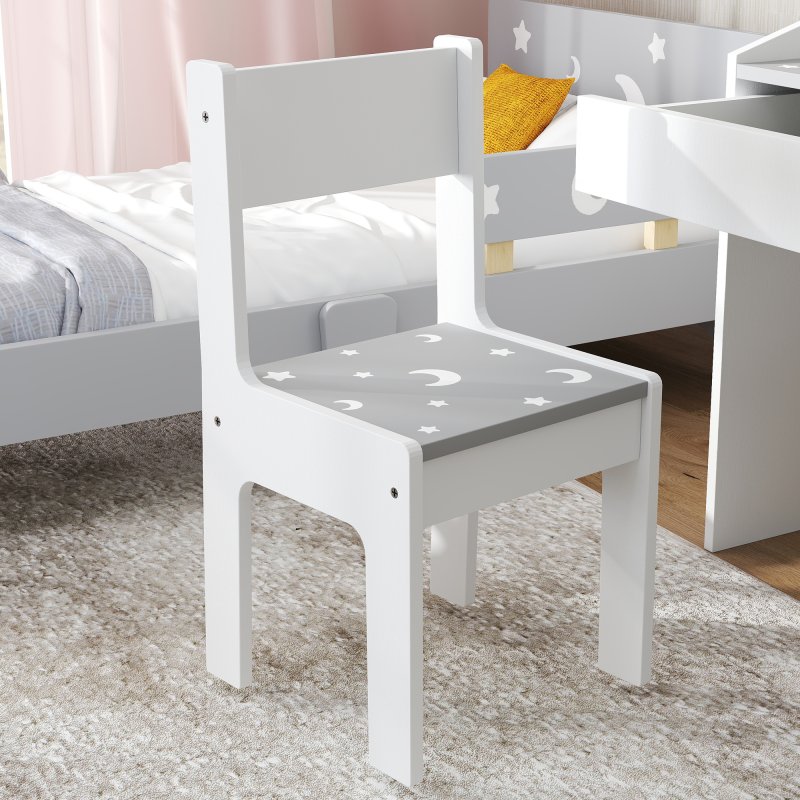 AIYAPLAY Kids Desk and Chair Set, Children Study Table and Chair with Storage, Pull-Out Drawer, Star and Moon Pattern, for Bedroom, Playroom, Nursery, for Ages 3-6 Years, Grey