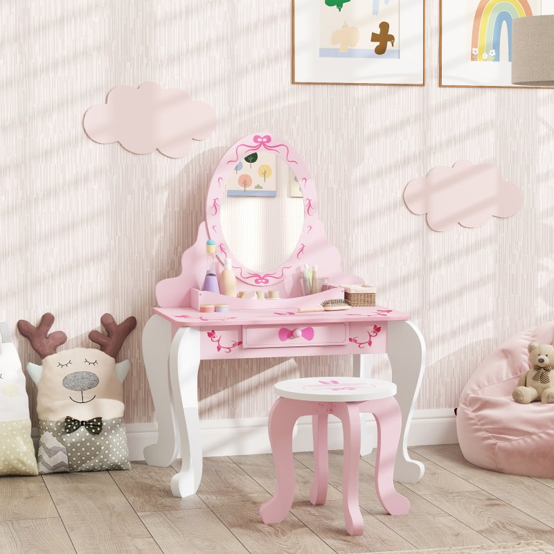 AIYAPLAY Kids Dressing Table Set, Two-Piece Kids Vanity Table with Stool, Mirror, Drawer, Desktop Storage, Ballet Theme, Girls Makeup Desk, Chair, Pink