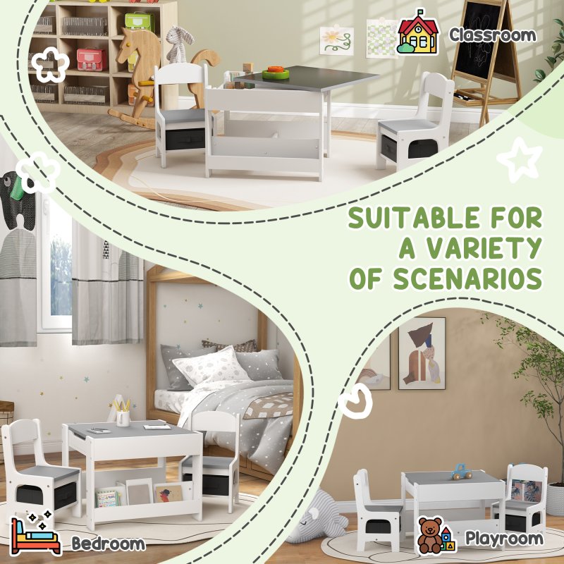 HOMCOM 3 Piece Kids Table and Chair Set, 3 in 1 Design Kids Desk and Chair Set with Blackboard, Storage, Bookshelves, for Nursery, Playroom, Classroom - Grey