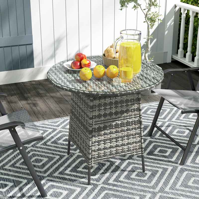 Outsunny Wicker Garden Rattan Table, Patio Furniture Outdoor Coffee Table with Umbrella Hole and Tempered Glass Top, Grey