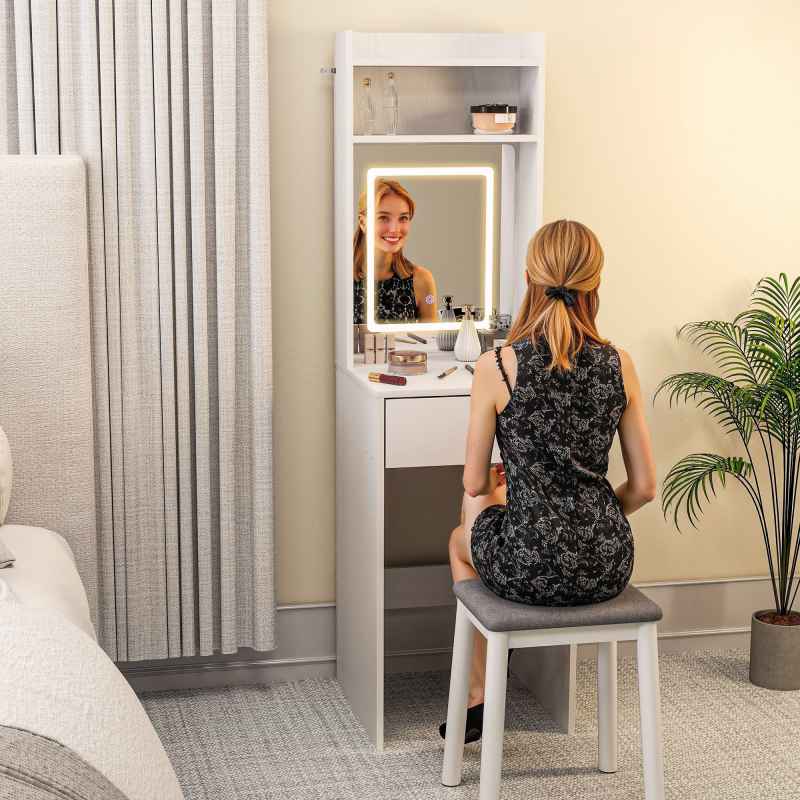 HOMCOM Small Dressing Table with Mirror and Adjustable LED Lights, Modern Vanity Desk with Drop Leaf, Open Shelves and Drawer, Compact Makeup Table for Small Spaces, Bedroom, White