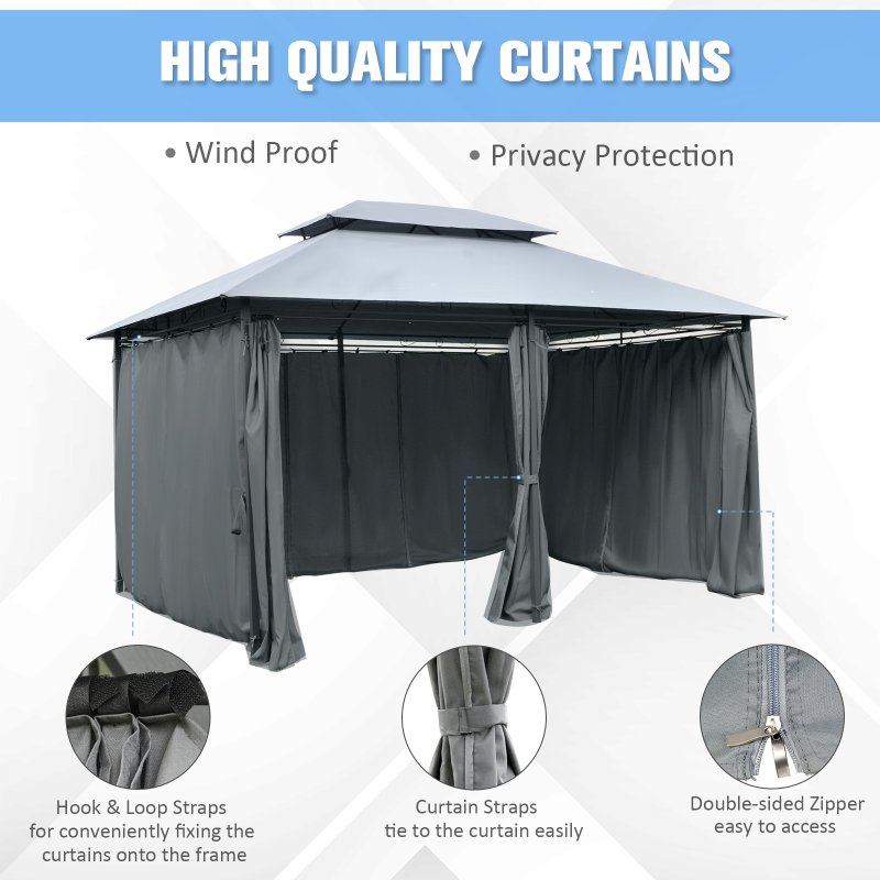 Outsunny 4m x 3(m)Garden Gazebo, Double Roof Outdoor Gazebo Canopy Shelter with Curtains, Solid Steel Frame for Patio, Garden