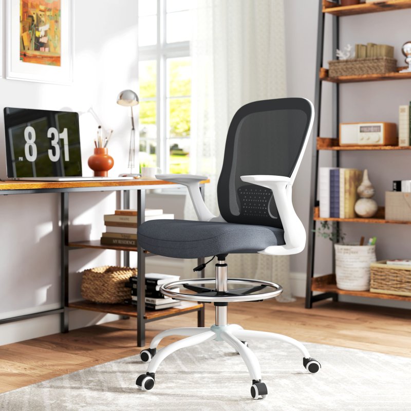HOMCOM Drafting Chair, Swivel Draughtsman Chair, Ergonomic Office Chair, Mesh Standing Desk Chair with Flip-up Armrest, Lumbar Support, Adjustable Foot Ring, Grey