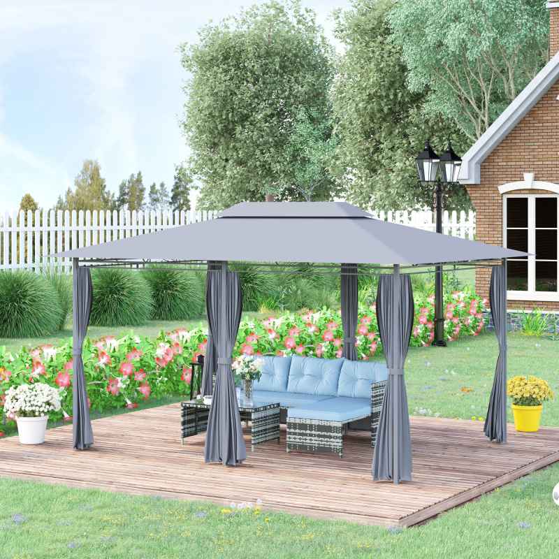 Outsunny 4m x 3(m)Garden Gazebo, Double Roof Outdoor Gazebo Canopy Shelter with Curtains, Solid Steel Frame for Patio, Garden