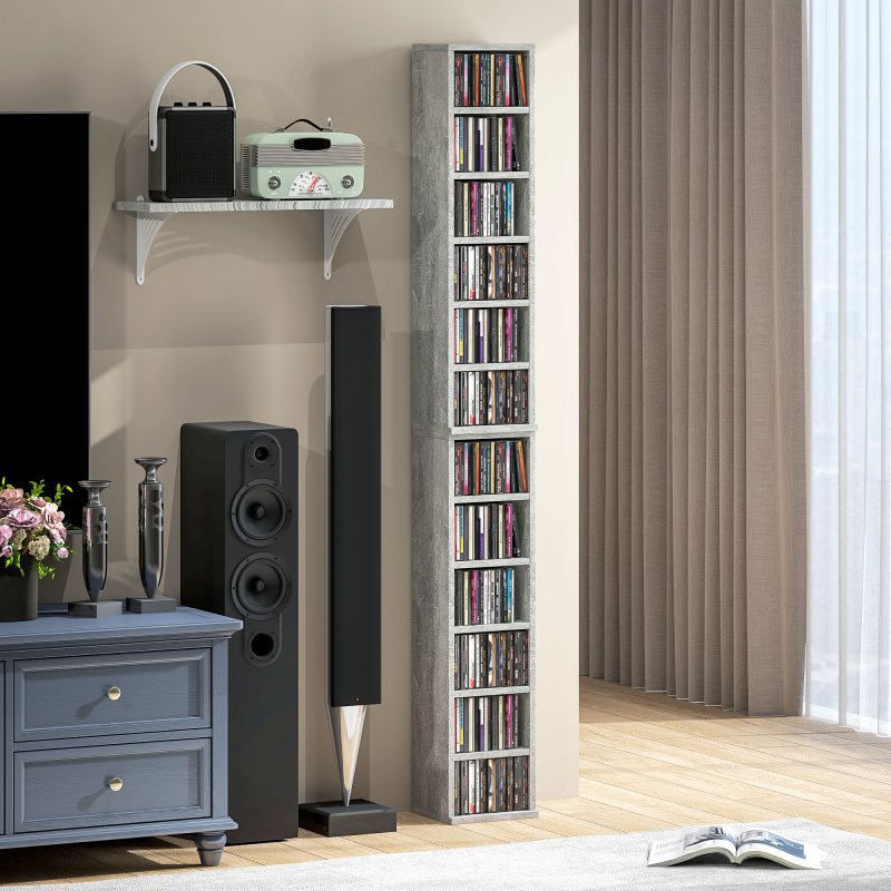 HOMCOM 204 CD Media Display Shelf Unit Set of 2 Blu-Ray Tower Rack w/ Adjustable Shelves Bookcase Storage Organiser, Cement Grey