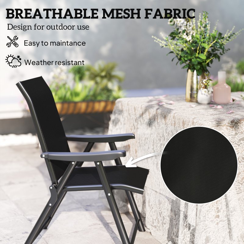 Outsunny Set of 2 Folding Chair, Garden Chair Set with Breathable Mesh Back and Seat, Outdoor Camping Chairs with Armrests, Steel Frame for Deck Balcony, Black