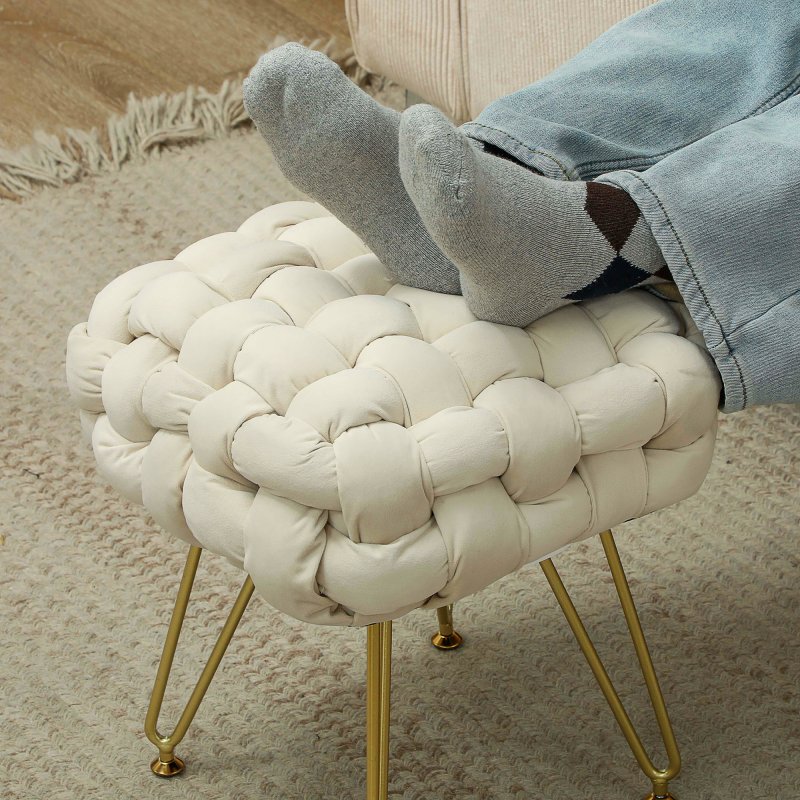 HOMCOM Square Foot Stool, Woven Footrest Ottoman with Metal Legs, Padded Makeup Vanity Stool, Velvet Dressing Table Seat for Bedroom