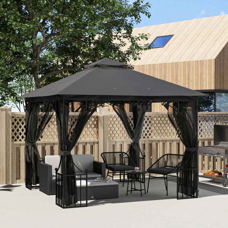 Outsunny 3 x 3m Garden Gazebo Patio Party Tent Shelter Outdoor Canopy Double Tier Sun Shade with Metal Frame and Netting, Dark Grey