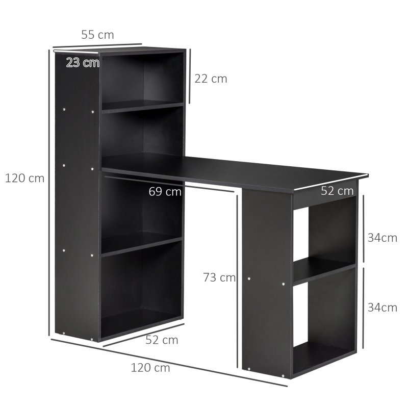 HOMCOM 120cm Computer Desk, Wooden PC Laptop Table with 6-Tier Storage Bookshelves, Home Office Working Study Desk, Writing Workstation, Black
