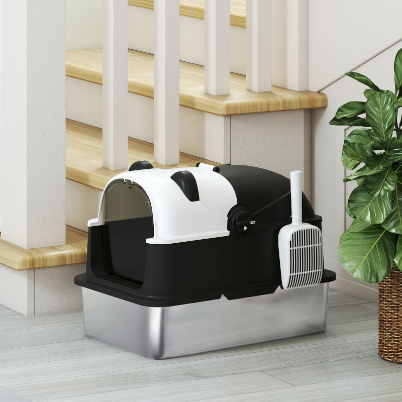 PawHut XL Stainless Steel Litter Box with Lid, Extra Large Enclosed Litter Tray with Scoop & 180 Flip Front Cover, Anti-Leakage, Non-Sticky, Non-Odour, Easy Cleaning, for Big Cats, Panda Style
