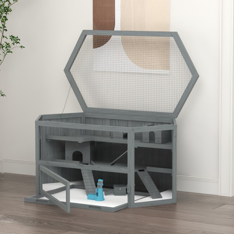 PawHut Wooden Large Hamster Cage Small Animal Exercise Play House 3 Tier with Sliding Tray, Seesaws, Water Bottle, Grey