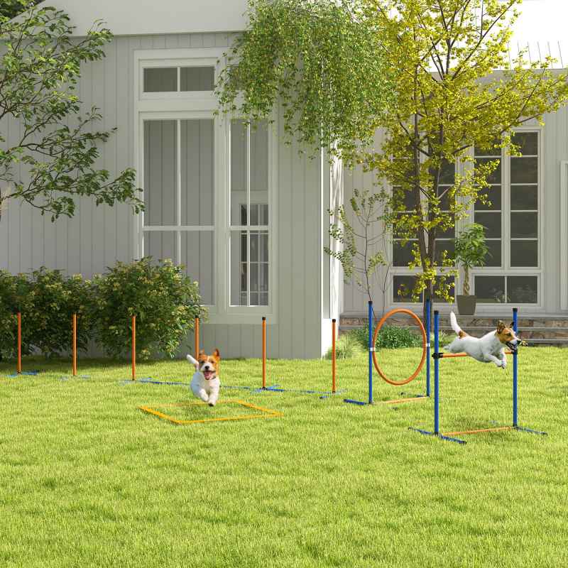 PawHut Dog Agility Equipment Set, 8 Piece Outdoor Agility Kit w/ Weave Poles, Adjustable High Jump Ring, Hurdle, Pause Box, Tennis Balls, Whistle, Training Shorts, Carrying Bag, for Dogs - Orange