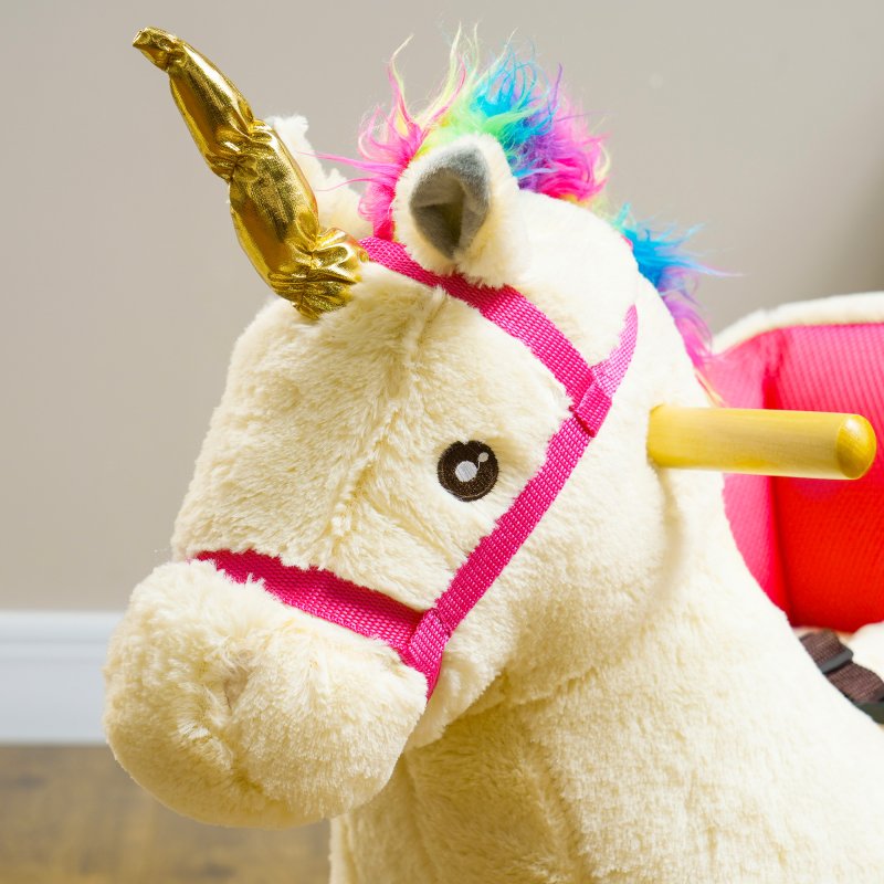 AIYAPLAY Rocking Horse, Unicorn Rocking Horse with Realistic Sounds, Safety Belt, Wooden Base, Plush Ride on Unicorn, for Ages 18-36 Months, Cream White