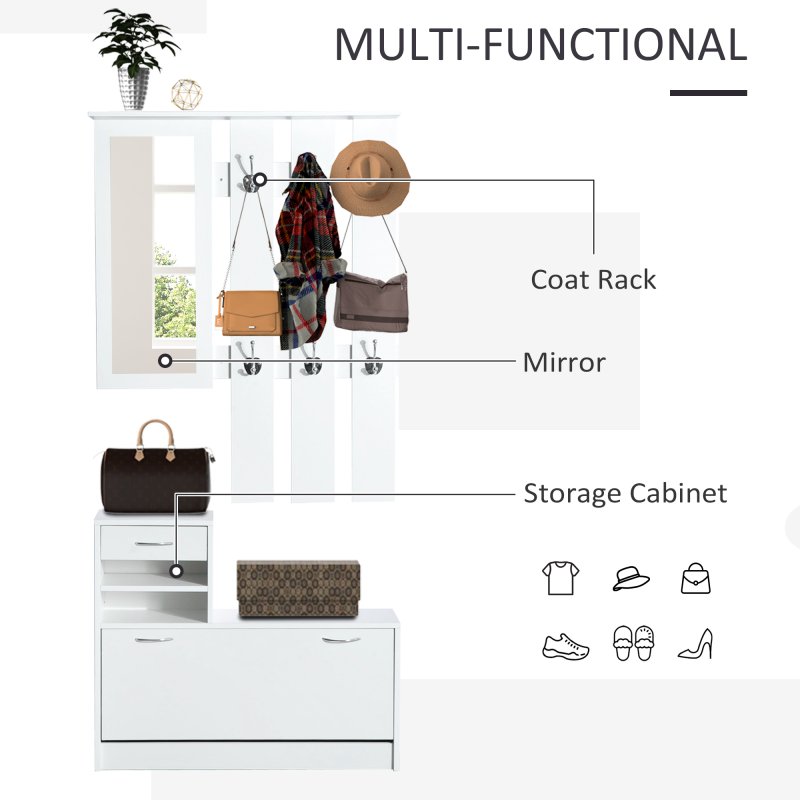 HOMCOM 2PC Shoes Storage Chest Cloths Rack Unit w/Mirror Multiple Shelves Large Storage Capacity Shoes Cabinet 6 Hooks Cloth Rack